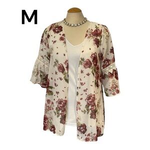 G COLLECTION Floral Kimono Size M Bell Sleeves Sheer Feminine Roses